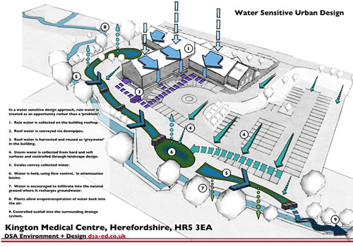 Illustrated SuDS diagram showing the movement of water through the site